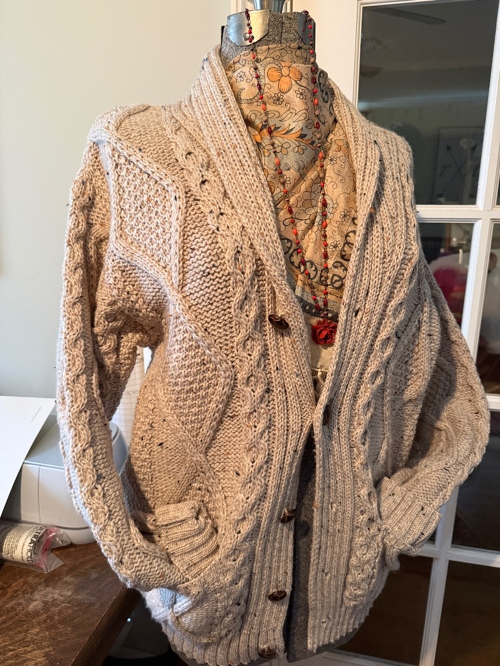 Aran Crafts Chunky Cable Knit Shawl Collar Cardigan - Cream